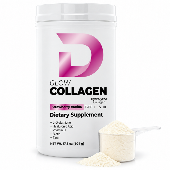 D-COLLAGEN Glow Collagen Strawberry Vanilla white jar with pink D logo and scoop on white background