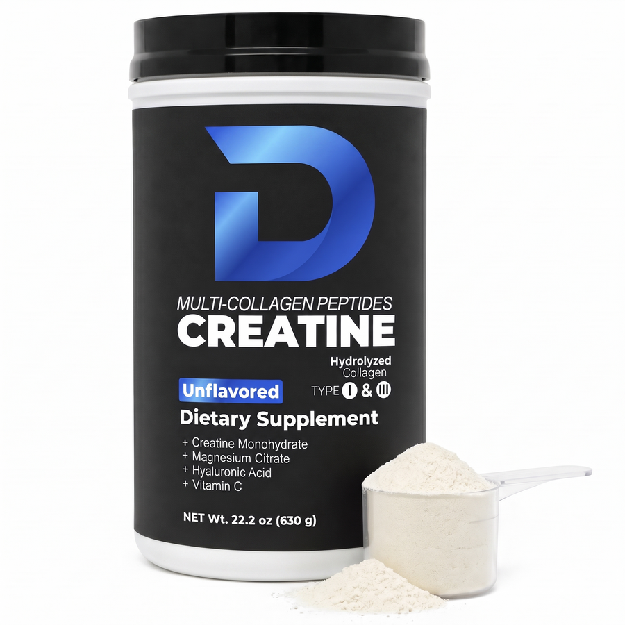 D COLLAGEN STORE collagen and creatine jar with blue D logo and scoop