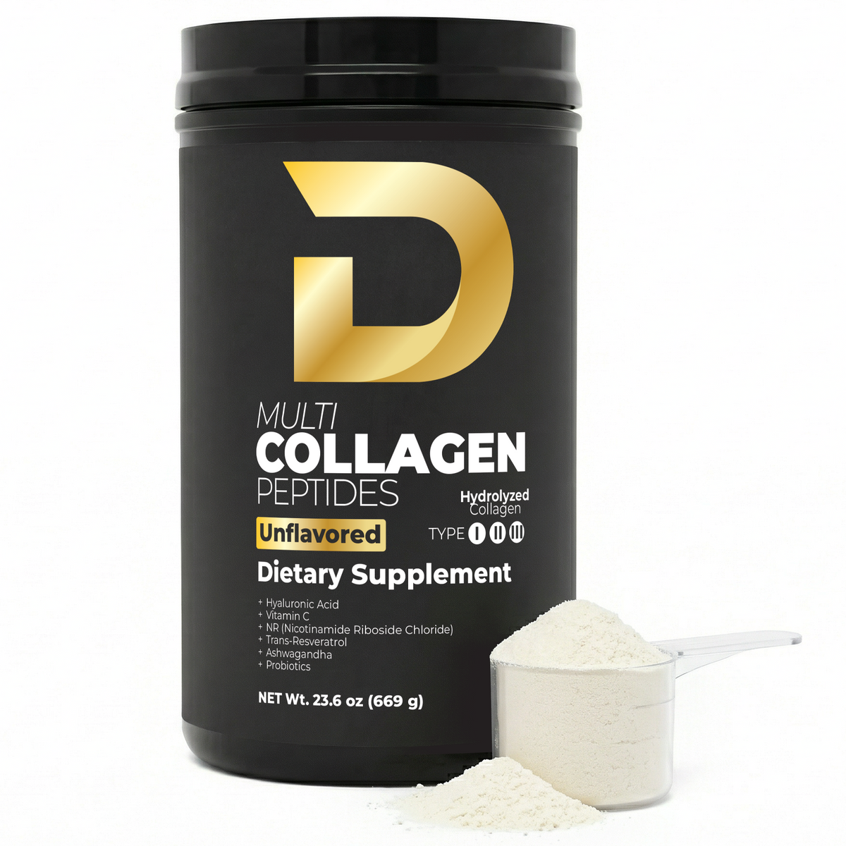 D COLLAGEN STORE unflavored collagen jar with a scoop of powder on a white background.